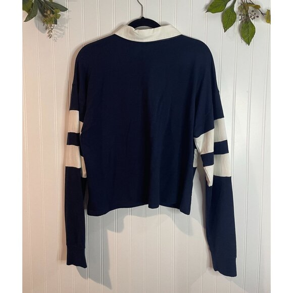 Thread & Supply Navy & Cream Striped Collared Long-Sleeve Polo Shirt X-Large - Picture 5 of 12
